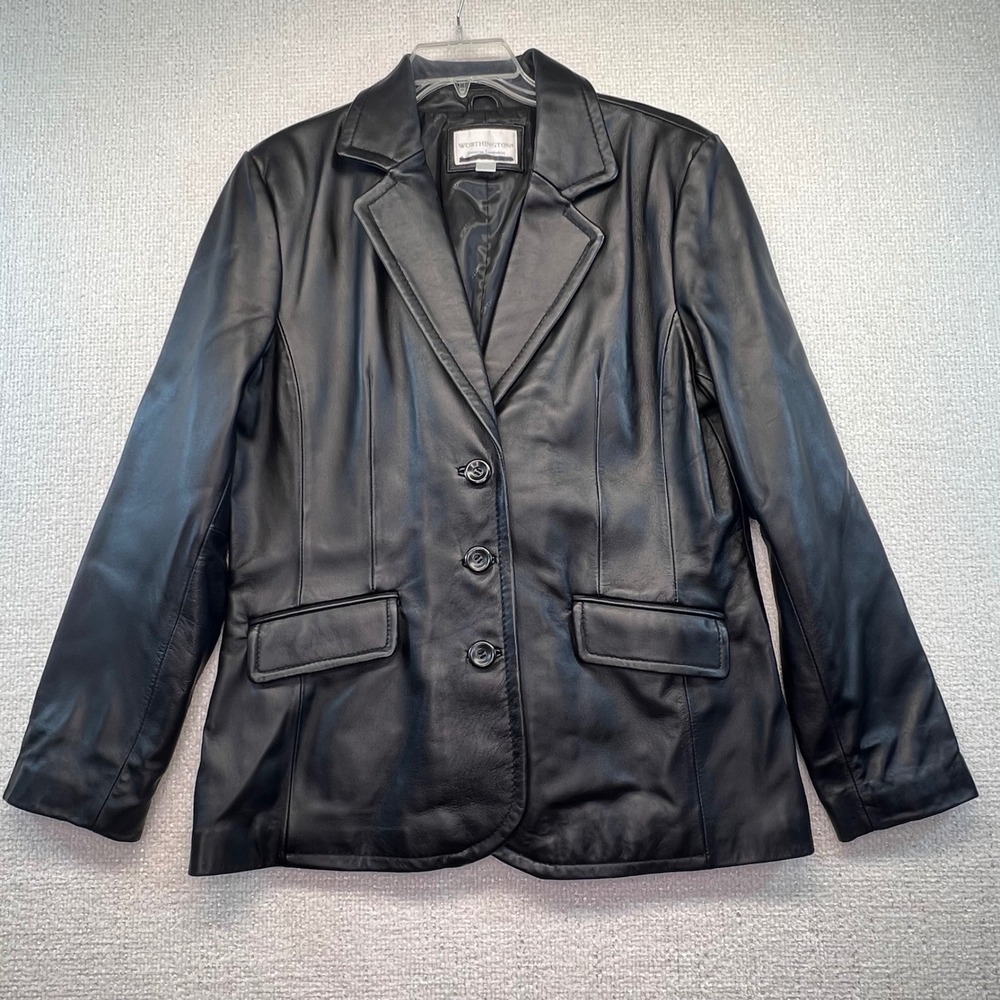 Womens Black Lambskin Leather Blazer Worthington Button Front‎ Classic Jacket
